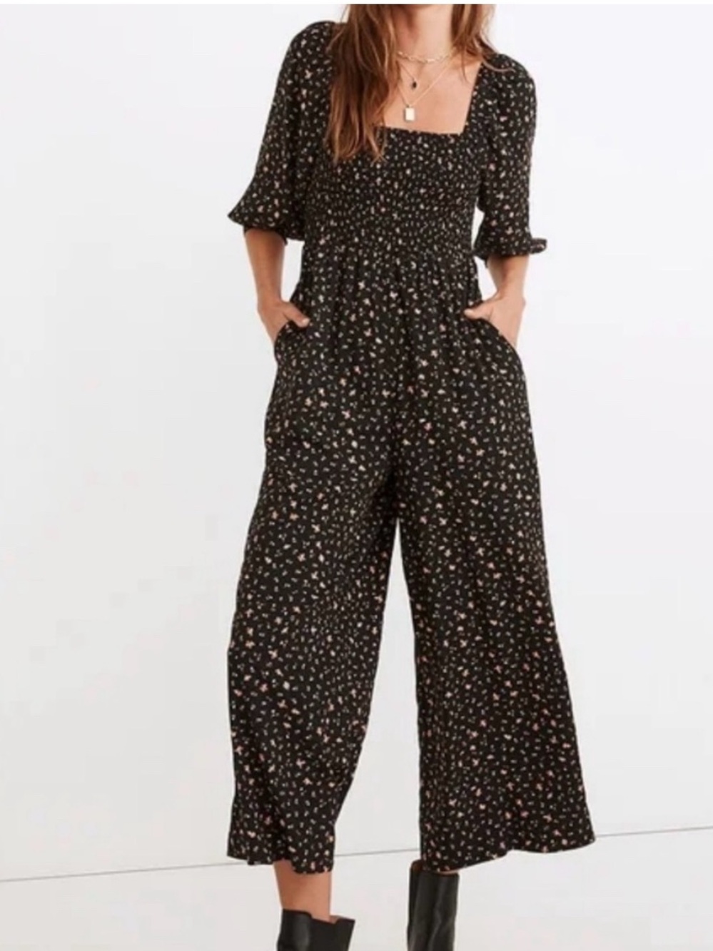 Madewell Smocked Square-Neck Wide-Leg Jumpsuit - Black Floral - Picture 2 of 8
